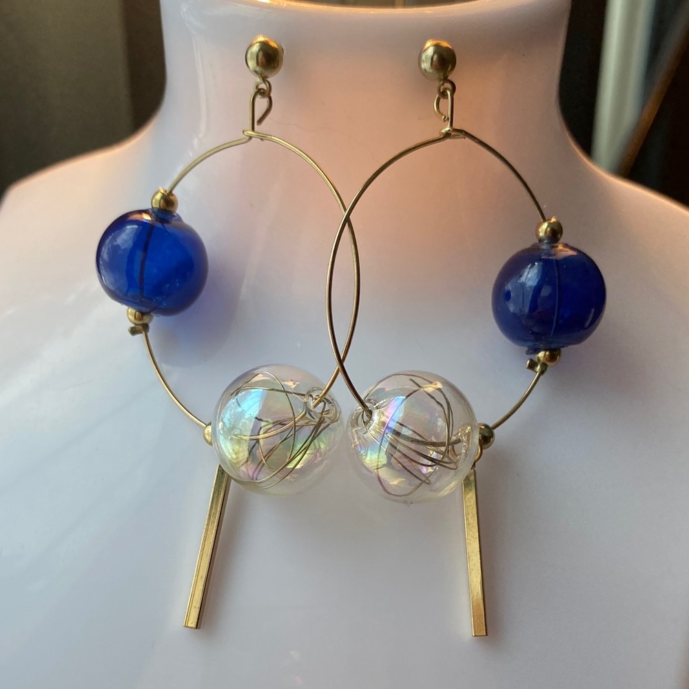 Statement pierced super fun 🤩 Blue and Gold Hoop ball Earrings